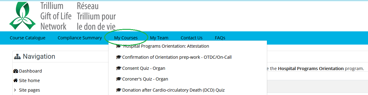 This is an example of the course drop down sub-menu