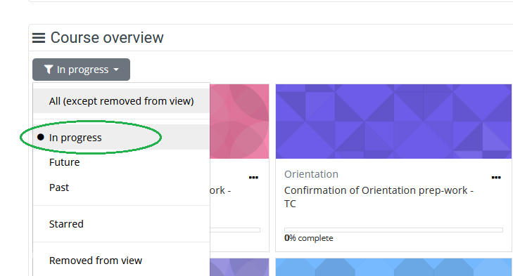 This is a picture of the course overview and what to select to only show courses that still require completion
